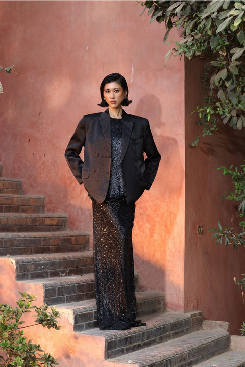 ⟡SHIFT⟡ Oversized Black Crystal-Detail Blazer