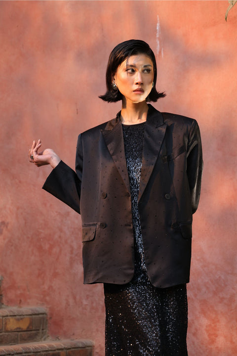 ⟡SHIFT⟡ Oversized Black Crystal-Detail Blazer
