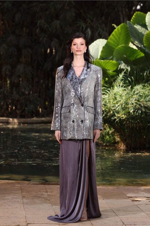 ⟡ICON⟡ Silver Sequined Double Breasted Blazer with velvet collar