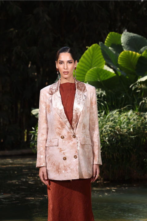 ⟡ICON⟡ Nude Sequined Double Breasted Blazer with velvet collar